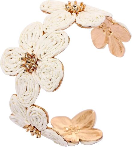 Raffia Colorful Flower Cuff Bracelet For Women Statement Chunky Spring Summer Floral Tropical Beachy Vacation Wide Open Bangle Boho Jewelry Accessories in Kuwait