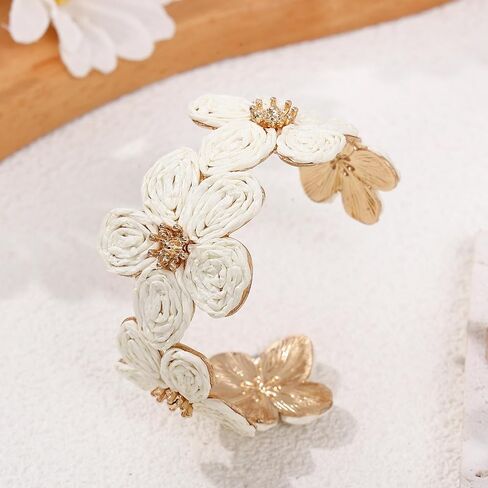 Raffia Colorful Flower Cuff Bracelet For Women Statement Chunky Spring Summer Floral Tropical Beachy Vacation Wide Open Bangle Boho Jewelry Accessories in Kuwait