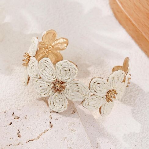 Raffia Colorful Flower Cuff Bracelet For Women Statement Chunky Spring Summer Floral Tropical Beachy Vacation Wide Open Bangle Boho Jewelry Accessories in Kuwait