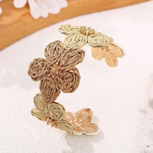 Raffia Colorful Flower Cuff Bracelet For Women Statement Chunky Spring Summer Floral Tropical Beachy Vacation Wide Open Bangle Boho Jewelry Accessories in Kuwait