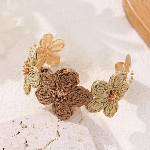 Raffia Colorful Flower Cuff Bracelet For Women Statement Chunky Spring Summer Floral Tropical Beachy Vacation Wide Open Bangle Boho Jewelry Accessories in Kuwait
