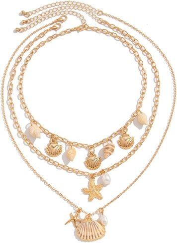 Charm Shell Necklace for Women Ocean Layered Summer Beach Jewelry Gold Plated Stackable Chain Boho Starfish & Pearl Gift in Kuwait