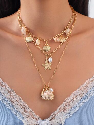 Charm Shell Necklace for Women Ocean Layered Summer Beach Jewelry Gold Plated Stackable Chain Boho Starfish & Pearl Gift in Kuwait