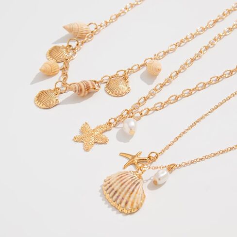 Charm Shell Necklace for Women Ocean Layered Summer Beach Jewelry Gold Plated Stackable Chain Boho Starfish & Pearl Gift in Kuwait