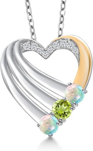 GEM Stone King 925 Silver و 10K Gold Gold Morted White Opal و Green Peridot و White Lab Grown Diamond Heart Pendant للنساء | 0.90 CTTW | شهر أكتوبر | بسلسلة 18 بوصة in Saudi Arabia