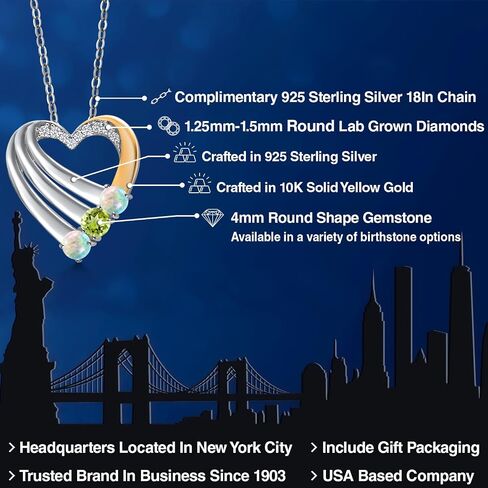 GEM Stone King 925 Silver و 10K Gold Gold Morted White Opal و Green Peridot و White Lab Grown Diamond Heart Pendant للنساء | 0.90 CTTW | شهر أكتوبر | بسلسلة 18 بوصة in Saudi Arabia