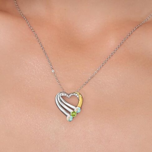 GEM Stone King 925 Silver و 10K Gold Gold Morted White Opal و Green Peridot و White Lab Grown Diamond Heart Pendant للنساء | 0.90 CTTW | شهر أكتوبر | بسلسلة 18 بوصة in Saudi Arabia