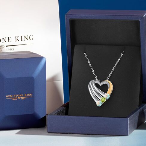 GEM Stone King 925 Silver و 10K Gold Gold Morted White Opal و Green Peridot و White Lab Grown Diamond Heart Pendant للنساء | 0.90 CTTW | شهر أكتوبر | بسلسلة 18 بوصة in Saudi Arabia