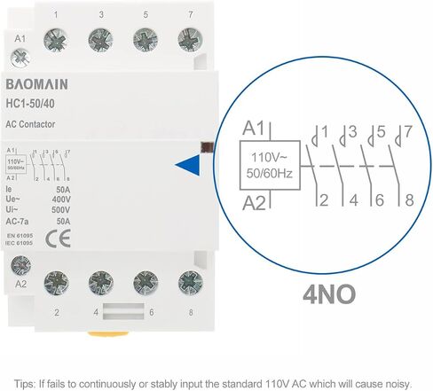 Baomain AC Contactor HC1-32/40 110VAC 30A 4 Pole 4NO التحكم في الدائرة العالمية مفتوح عادة 35 مم DIN Rail Mount CE المدرجة in Kuwait