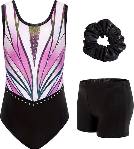 JiAmy Gymnastics Leotards for Girls Sparkly Ballet Dance Outfits with Shorts Scrunchie 3 Piece Set 3-12Y in Kuwait