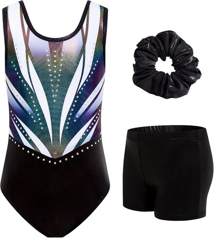 JiAmy Gymnastics Leotards for Girls Sparkly Ballet Dance Outfits with Shorts Scrunchie 3 Piece Set 3-12Y in Kuwait