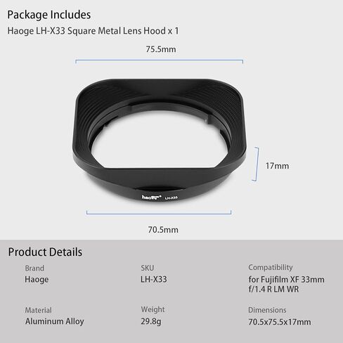 Haoge Silver Metal Square Lens Hood for Fujifilm XF33mm F1.4 R WR Lens, Fujinon XF 16-50mm,Fuji XF 23mm f/1.4 R LM WR Lens Hood Shade Bayonet Mount in Kuwait