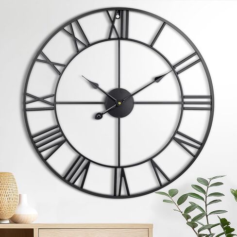 Large Wall Clock, 24-Inch(60CM) Roman Numeral Decorative Art Clock,Completely Silent, Non Ticking, Battery-Operated Metal Wall Clock for Living Room, Bedroom and Kitchen (Carbon Black) in Saudi Arabia
