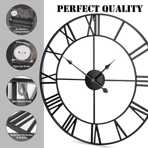 Large Wall Clock, 24-Inch(60CM) Roman Numeral Decorative Art Clock,Completely Silent, Non Ticking, Battery-Operated Metal Wall Clock for Living Room, Bedroom and Kitchen (Carbon Black) in Saudi Arabia