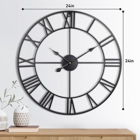 Large Wall Clock, 24-Inch(60CM) Roman Numeral Decorative Art Clock,Completely Silent, Non Ticking, Battery-Operated Metal Wall Clock for Living Room, Bedroom and Kitchen (Carbon Black) in Saudi Arabia