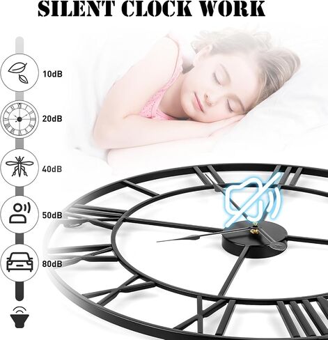Large Wall Clock, 24-Inch(60CM) Roman Numeral Decorative Art Clock,Completely Silent, Non Ticking, Battery-Operated Metal Wall Clock for Living Room, Bedroom and Kitchen (Carbon Black) in Saudi Arabia