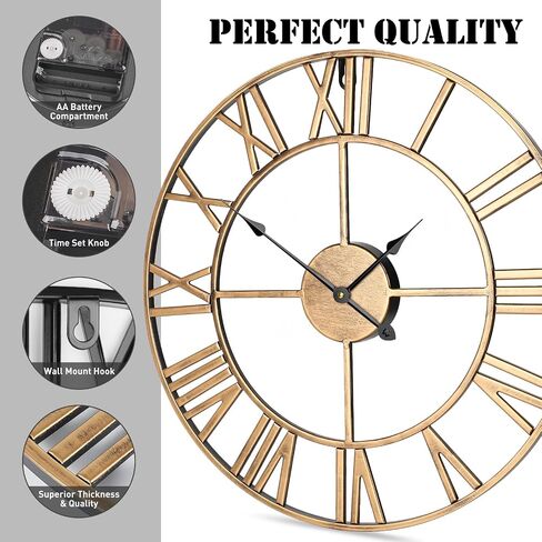 Large Wall Clock, 24-Inch(60CM) Roman Numeral Decorative Art Clock,Completely Silent, Non Ticking, Battery-Operated Metal Wall Clock for Living Room, Bedroom and Kitchen (Carbon Black) in Saudi Arabia