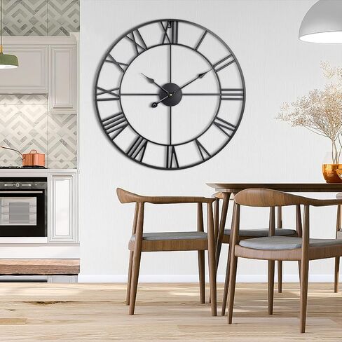 Large Wall Clock, 24-Inch(60CM) Roman Numeral Decorative Art Clock,Completely Silent, Non Ticking, Battery-Operated Metal Wall Clock for Living Room, Bedroom and Kitchen (Carbon Black) in Saudi Arabia