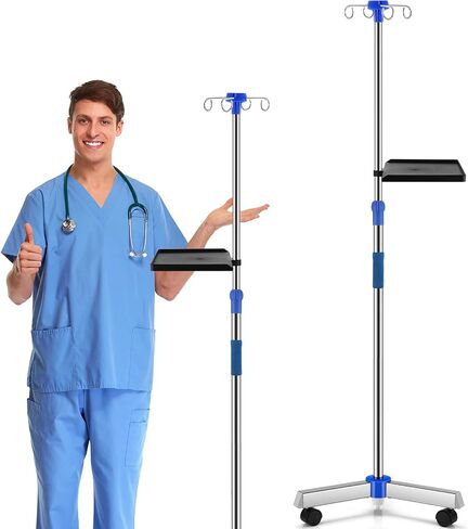 Nuanchu IV القطب مع عجلات وصينية قابل للتعديل IV حامل أقطاب طبية IV محمولة من الفولاذ المقاوم للصدأ حامل حامل IV لعيادة المستشفى والمنزل وممارسة تمريض الأطفال والعلاج in Saudi Arabia