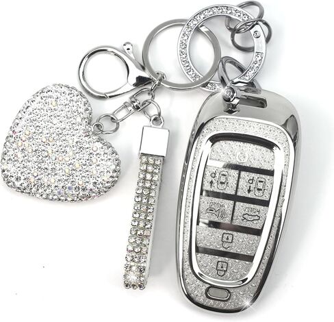 Key Fob Cover with Diamond Keychain Compatible with Hyundai Car Key Holder Case Compatible with Hyundai 2024 2023 2022 Sonata Santa Fe Nexo Tucson Palisade Protector, 7 Buttons (Silver-Heart) in Saudi Arabia