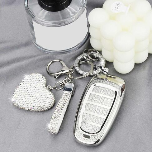 Key Fob Cover with Diamond Keychain Compatible with Hyundai Car Key Holder Case Compatible with Hyundai 2024 2023 2022 Sonata Santa Fe Nexo Tucson Palisade Protector, 7 Buttons (Silver-Heart) in Saudi Arabia