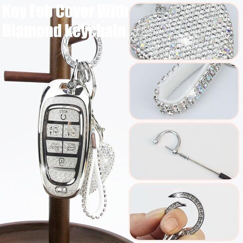 Key Fob Cover with Diamond Keychain Compatible with Hyundai Car Key Holder Case Compatible with Hyundai 2024 2023 2022 Sonata Santa Fe Nexo Tucson Palisade Protector, 7 Buttons (Silver-Heart) in Saudi Arabia