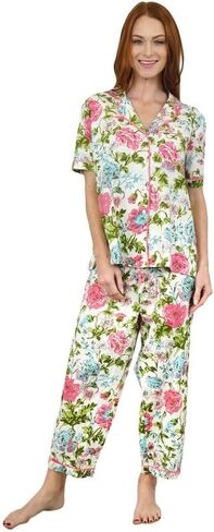 LA CERA Women's Short Sleeve Printed Cotton Pajama Set, Front Pocket and Piping, Floral Design, Notched V-Neckline in Saudi Arabia