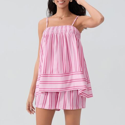 Womens 2 Piece Striped Lounge Sets Spaghetti Strap Peplum Cami Tops and Shorts 2 Piece Matching Pj Summer Outfits in Saudi Arabia