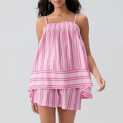 Womens 2 Piece Striped Lounge Sets Spaghetti Strap Peplum Cami Tops and Shorts 2 Piece Matching Pj Summer Outfits in Saudi Arabia