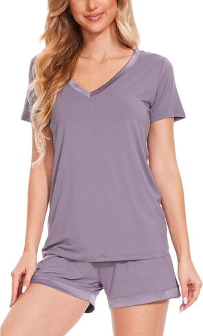 Womens Pajama Sets, Short Sleeve Soft Sleepwear Tops and Shorts Pjs, Bamboo Viscose Loungewear in Kuwait