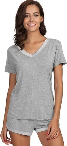 Womens Pajama Sets, Short Sleeve Soft Sleepwear Tops and Shorts Pjs, Bamboo Viscose Loungewear in Kuwait