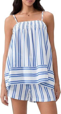 Womens 2 قطعة عبارة عن صالة مخططة مجموعات Spaghetti Strap Peplum Cami Tops and Shorts 2 قطعة مطابقة PJ Summer Outfits in Kuwait