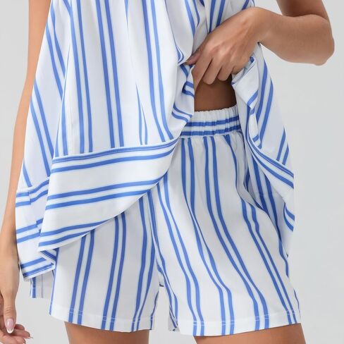 Womens 2 قطعة عبارة عن صالة مخططة مجموعات Spaghetti Strap Peplum Cami Tops and Shorts 2 قطعة مطابقة PJ Summer Outfits in Kuwait
