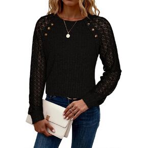 Glamaker Womens Long Sleeve Shirts Fall Lace Tunic Tops Dressy Crewneck Hollow Out Blouses Casual Sweaters 2025 in Kuwait