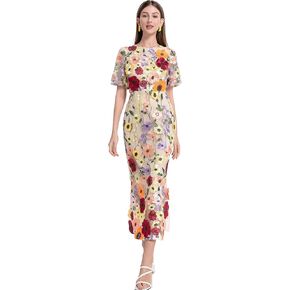 LAI MENG FIVE CATS Women's 3D Floral Short Sleeves Crew Neck Fishtail Mesh Embroidery Party Cocktail Maxi Dress in Kuwait