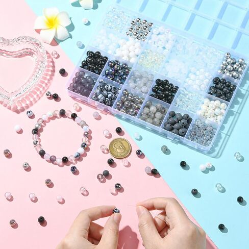 DanLingJewelry 600 pcs 24 Styles 8mm Black and White Series Acrylic Beads Resin Beads Plastic Tiny Round Bead for Necklace Bracelet Making in Saudi Arabia