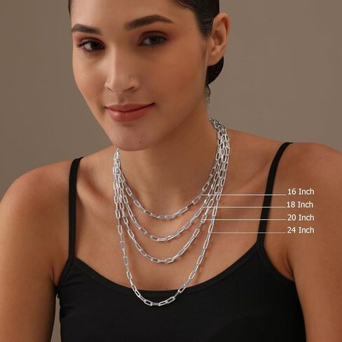 LeCalla Rhodium Plated 925 Sterling Silver Silver Italian 3 MM, 3.5 MM, 4.5 MM Diamond-Cut PaperClip Link Chain Necklace for Women and Men 16, 18, 20, 24 Inches, Made in Italy with Lobster-Clasp in Saudi Arabia