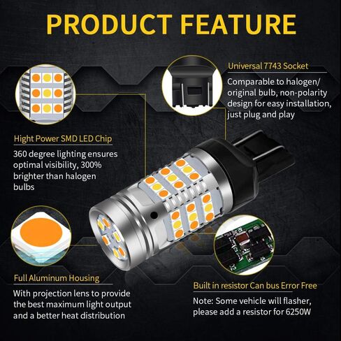 2pcs 7443 Cabus Error Error Free Switchback Amber LED LED مصابيح الإشارة مصباح الجانب الأبيض مصباح أبيض لا يوجد فلاش مضمّن في المقاوم 7443 T20 7441 7505 W21W مصابيح LED (7443 أبيض العنبر) in Saudi Arabia