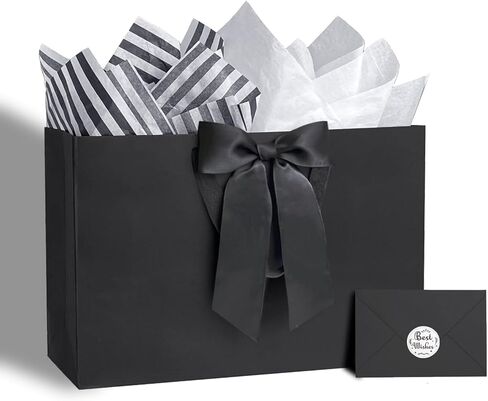 ZHIAXTON 2 Pcs Black Gift Bags with Handles,13.8x5.1x10.2 Inch Large Gift Bag with Tissue Paper, Card and Bow,Gift Wrapping Bag for Weddings,Men's birthdays,Father'sDay,Anniversaries, Holiday Party in Saudi Arabia