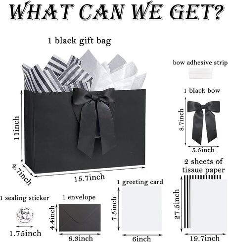 ZHIAXTON 2 Pcs Black Gift Bags with Handles,13.8x5.1x10.2 Inch Large Gift Bag with Tissue Paper, Card and Bow,Gift Wrapping Bag for Weddings,Men's birthdays,Father'sDay,Anniversaries, Holiday Party in Saudi Arabia