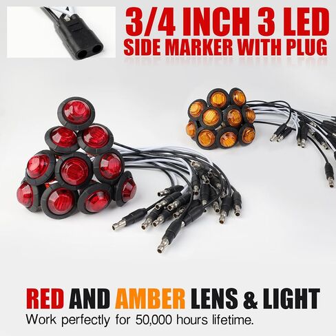 TMH 3/4 بوصة LED علامة 10 العنبر + 10 ضوء أحمر مع موصل توصيل علامات العلامات الجانبية مؤشر علامة الضوء العالمي مقاوم للماء RV ، القارب ، شاحنة بيك آب 12V العاصمة (حزمة 20) in Kuwait