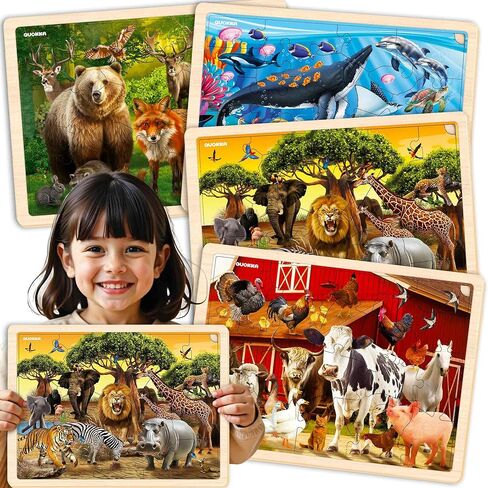 QUOKKA 4SET Puzzles for Kids Ages 4-6 - 24 Pcs Wooden Toddler Realistic Montessori Puzzles Ages 3-5 - Wild Animals Africa Ocean Farm Learning Games for Boys and Girls 4-8 Year Olds in Kuwait
