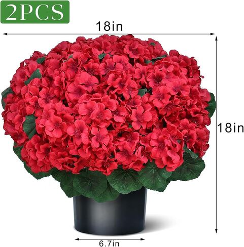 18" Artificial Geraniums Topiary - 2 Set for Front Porch Decor,Faux Silk Flowers Bushes UV Resistant Potted Plants for Outdoor Indoor Door Offices Garden Farmhouse Home Decor (Red) in Saudi Arabia