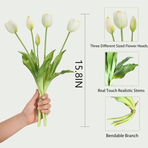 15 Pcs White Tulips Artificial Flowers Faux Tulips Real Touch Latex Fake Flower Bouquet for Spring Wedding Home Décor Centerpiece Arrangements in Kuwait