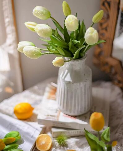 15 Pcs White Tulips Artificial Flowers Faux Tulips Real Touch Latex Fake Flower Bouquet for Spring Wedding Home Décor Centerpiece Arrangements in Kuwait