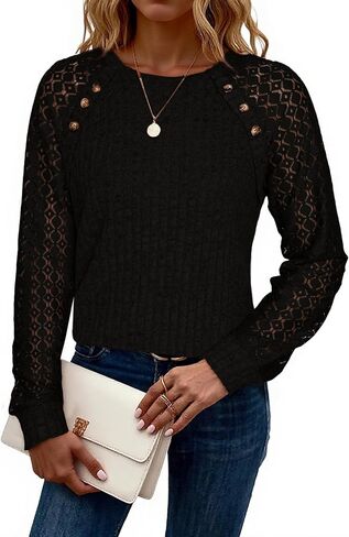 Glamaker Womens Long Sleeve Shirts Fall Lace Tunic Tops Dressy Crewneck Hollow Out Blouses Casual Sweaters 2025 in Kuwait