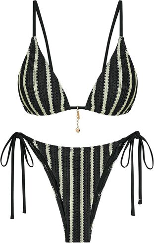 مجموعات بيكيني Zaful للنساء الكروشيه Swimsuits مخططة مثلث متماسكة صفيق بيكيني من قطعتين من ملابس السباحة الجانبية in Saudi Arabia