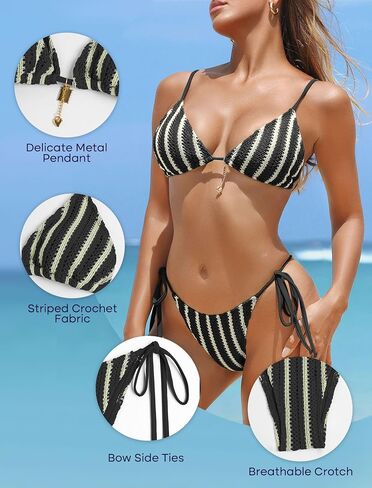 مجموعات بيكيني Zaful للنساء الكروشيه Swimsuits مخططة مثلث متماسكة صفيق بيكيني من قطعتين من ملابس السباحة الجانبية in Saudi Arabia