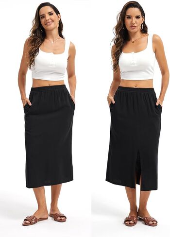 Women's Linen Blend Midi Skirt Reversible Front-Back Slit Design with Side Pockets in Saudi Arabia