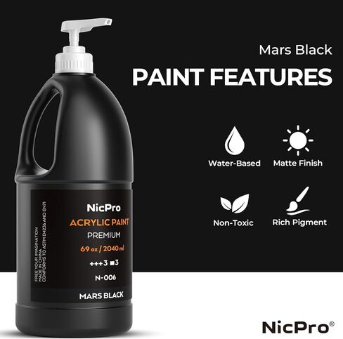 Nicpro Black Large Acrylic Paint Set (69 oz, 2040 ml) Rich Art Painting Supplies Non Toxic for Multi Surface, Canvas, Wood, Leather, Fabric Stone Craft, for Kid & Adult with Pump in Kuwait
